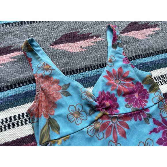 Y2K Vintage California Concepts Tropical Floral Aqua Midi Dress Ruffle Hem Sz S - Picture 3 of 15